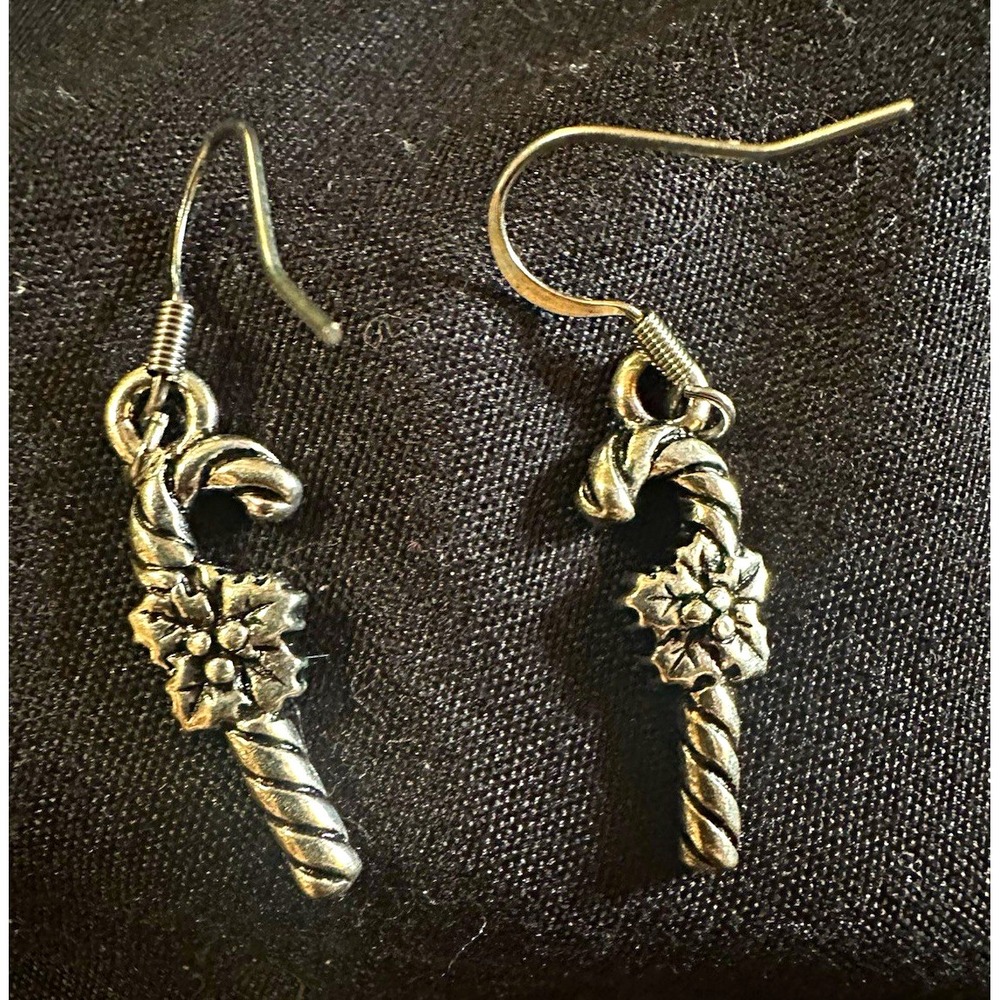 Silver Tone Candy Cane Dangle/Drop Hook Earrings with Floral Flower Detail